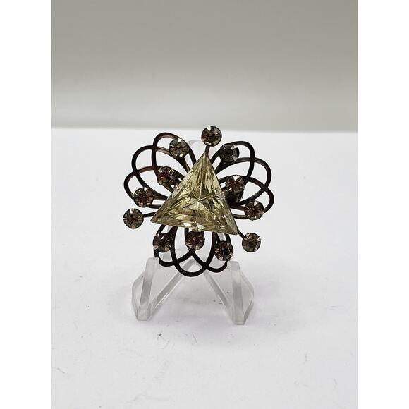 Vintage Yellow Triangle Rhinestone Brooch Mid Century Wearable Jewelry - Picture 2 of 11